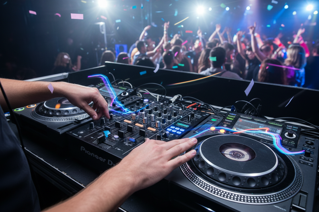 Close-up of professional DJ hands on turntables